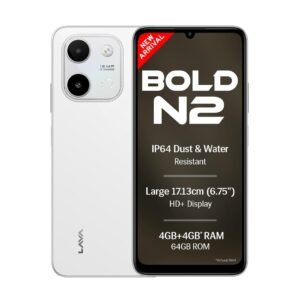 Lava Bold N2 (Siachen White, 4 GB RAM, 64 GB Storage) | 13MP AI Dual Rear Camera | Largest 6.75" HD+ Display | 5000 mAh Battery & 10W Charging | IP64 Water & Dust Proof | Charger & Phone-Case in Box
