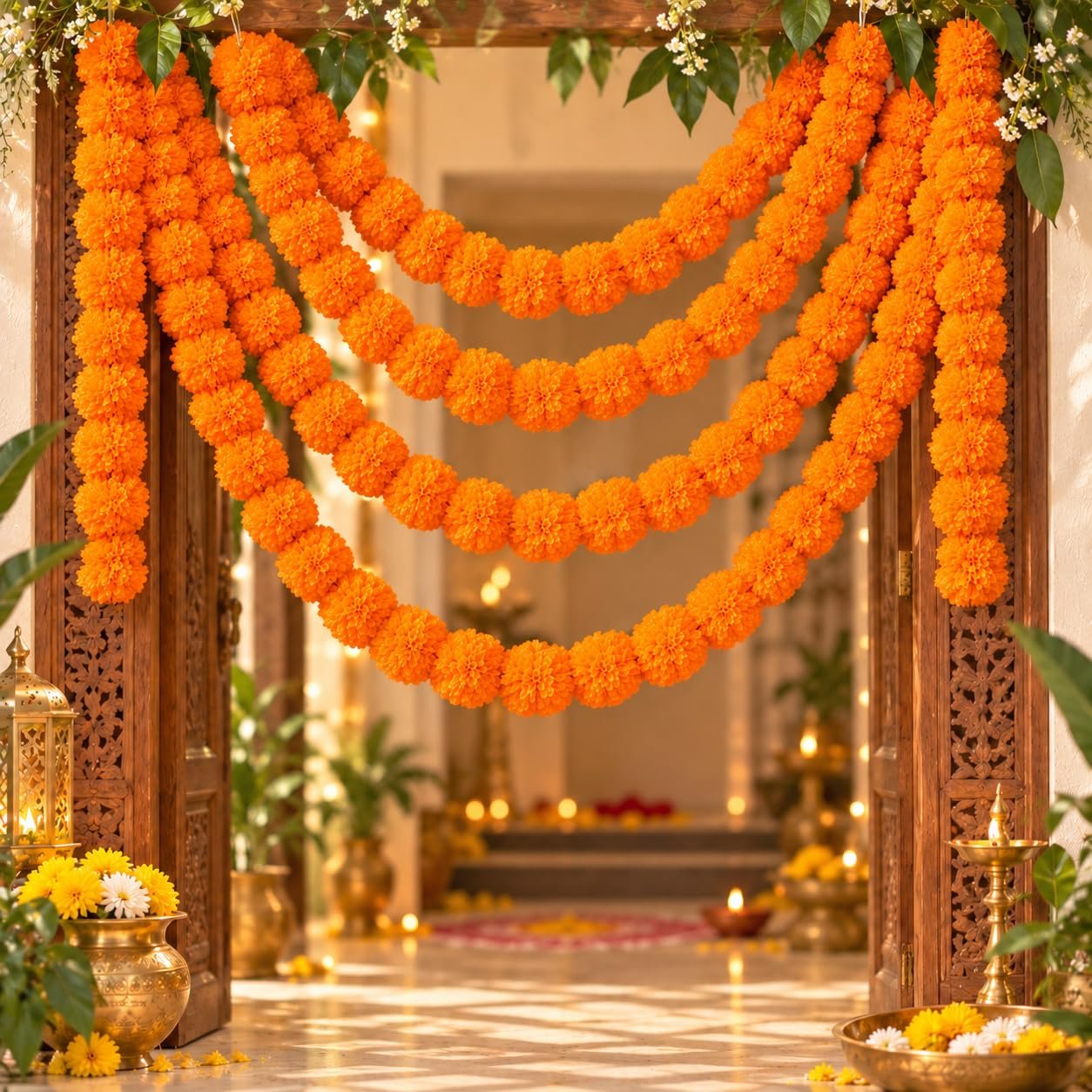 Yuvraj Orange Marigold Garland for Home Decoration | Artificial Genda Phool Mala for Diwali, Pooja, Wedding & Festival Decor | Door Hanging, Mandap & Toran Decoration | Pack of 5