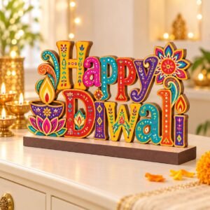 SVM CRAFT Happy Diwali MDF Tabletop Decoration | Colourful Diya and Lotus Design | Festive Home, Office and Gift Décor