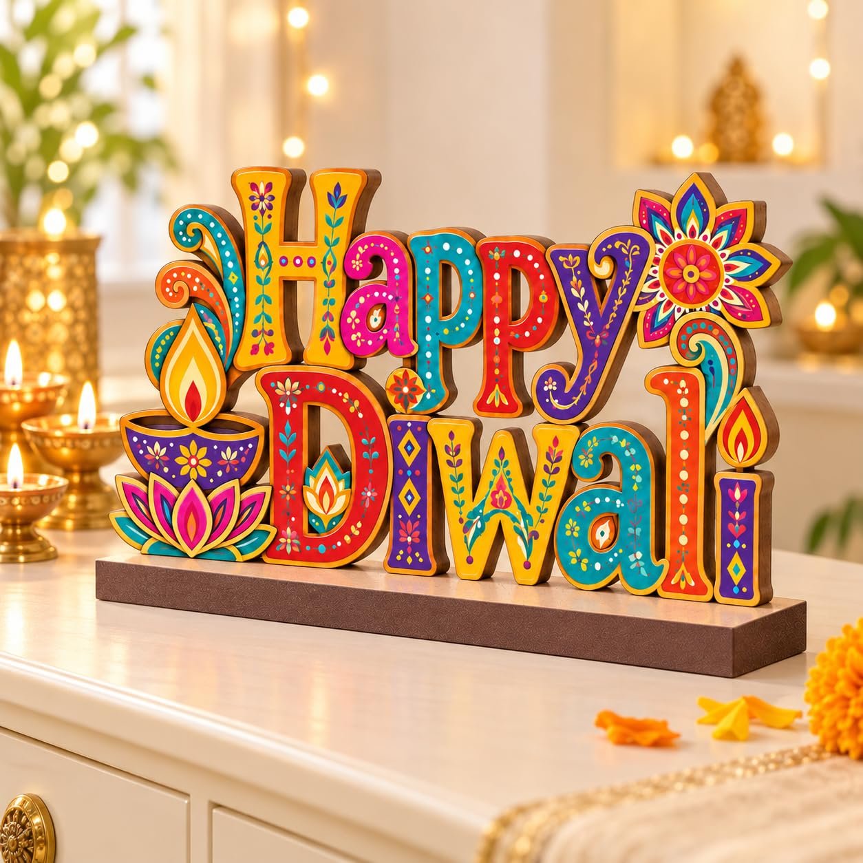 SVM CRAFT Happy Diwali MDF Tabletop Decoration | Colourful Diya and Lotus Design | Festive Home, Office and Gift Décor