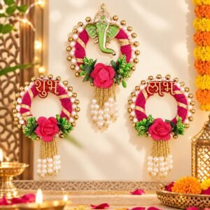 Yuvraj Ganesh Shubh Labh Wall Hanging for Diwali | Decorative Ganesh, Shubh & Labh Hanging Set with Artificial Flowers, Beads & Tassels | Door, Wall & Pooja Room Festive Decor