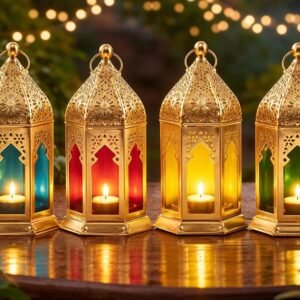 K.N Creation Moroccan Iron Hanging Lantern Lamp, Tealight Candle Holder, Lanterns for Home Decoration, Diwali Ganesh Chaturthi Christmas Eid Festival Balcony Décor Items, Pack of 4 (Multicolur Combo)