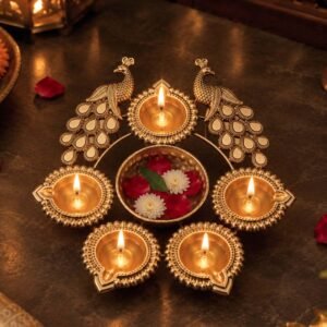 Ascension Peacock Diya Shape Decorative Urli Bowl for Home Decor with 5 Attached Oil Diyas for Floating Flowers and Tealight Candles Home Table | Diwali Decoration Items for Pooja Room (7 inch)