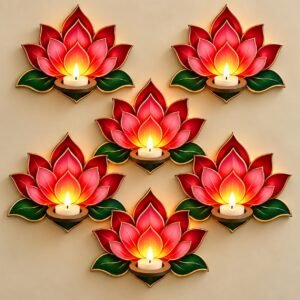 Lotus Wall Shelf for Pooja Room Tealight Candle Holders Wall Decor, wall Hanging MDF Wood, for Diwali Living Room Poojaroom Mandir Entrance Festive Decoration Item 6x4 Inch, Set of 6
