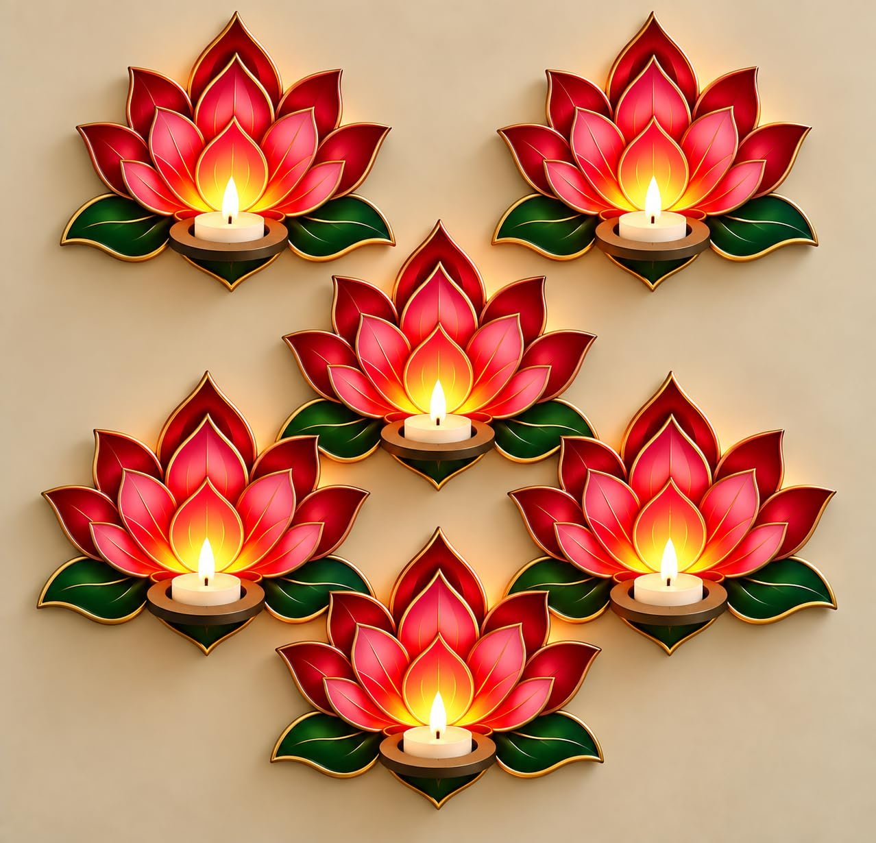 Lotus Wall Shelf for Pooja Room Tealight Candle Holders Wall Decor, wall Hanging MDF Wood, for Diwali Living Room Poojaroom Mandir Entrance Festive Decoration Item 6x4 Inch, Set of 6