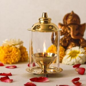 Klassic Akshi Navjyoti 4-Inch Brass Diya with Borosilicate Glass Shade for Home & Mandir, Decorative Brass Oil Lamp for Pooja & Diwali, Lantern Diya, Wick Holder (Pack of 1).