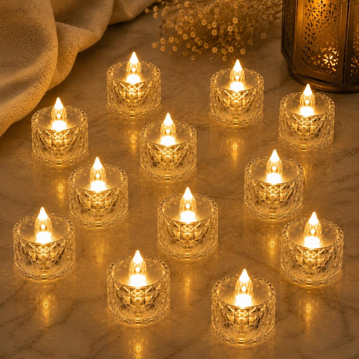 VERVENIX 12 Pcs LED Tea Light Candles | Flameless & Smokeless Acrylic Diyas | Battery-Operated | Warm White 3cm Candles for Diwali, Festive, Wedding, Party & Christmas Décor (Pack of 12)