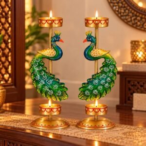 CraftVatika Metal Peacock Candle Holder Set of 2 - Perfect House Decoration Diwali Gifting Items, Handpainted Tealight Candle Holders for Home Christmas Décor (21.5 CM Height)