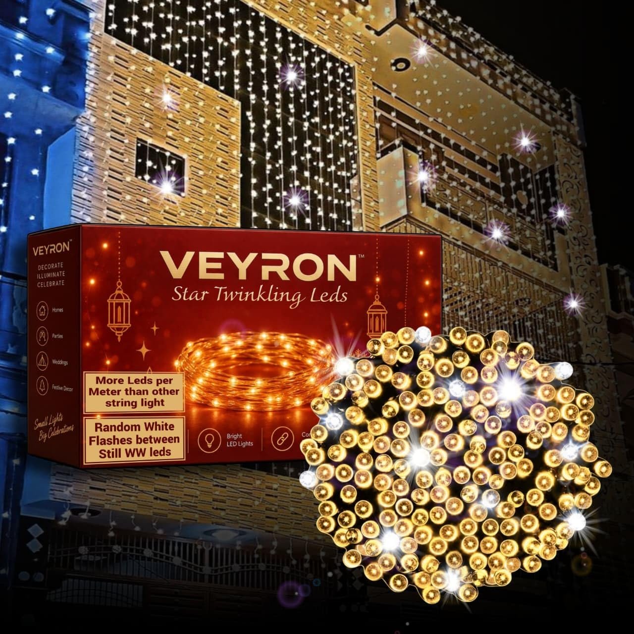 VEYRON Special - 165 Feet Long 300 LED | ~250 WW + 50 White Strobe/Flash | Creates Twinkling Effect for Bungalow Building Pixel Serial String Lights Home & Outdoor Diwali Festive Decoration (50 Meter)