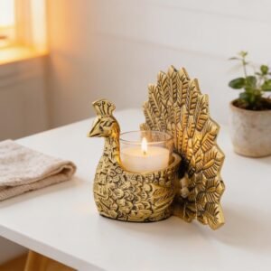 Amazon Brand - Solimo Metal Gold Dancing Peacock with Scented Glass Votive Candle | Decorative Showpiece for Home & Puja | Table Decor | Diwali Gift & Festive Decoration (18.5 cm)