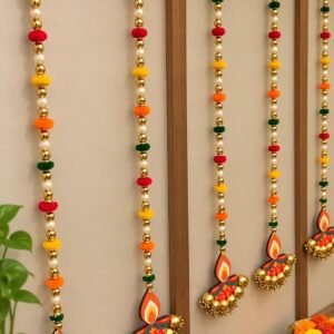 Festival Decoration Items Wall and Door Hanging for Home Decor | Diwali Ganesh Pooja Backdrop Decorative Items Pack of 5 Pompom Diya String by Avyksh Creations Size-2 feet Each String