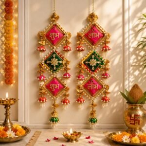 Shubh Labh Wall Hanging Toran, Traditional Indian Door Hanging Decoration with Beads and Tassels, Decorative Wall Hanging for Diwali Pooja Home Entrance Festival Decor