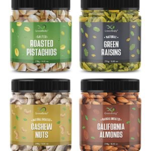 GreenFinity Dry Fruits Combo Pack- Green Raisins, Almonds, Roasted Pistachios, Cashews | Nutritious Healthy Snacks Ideal for Gifting, Festive Hampers, Family and Friends Treats (250g Each-Pack of 4)