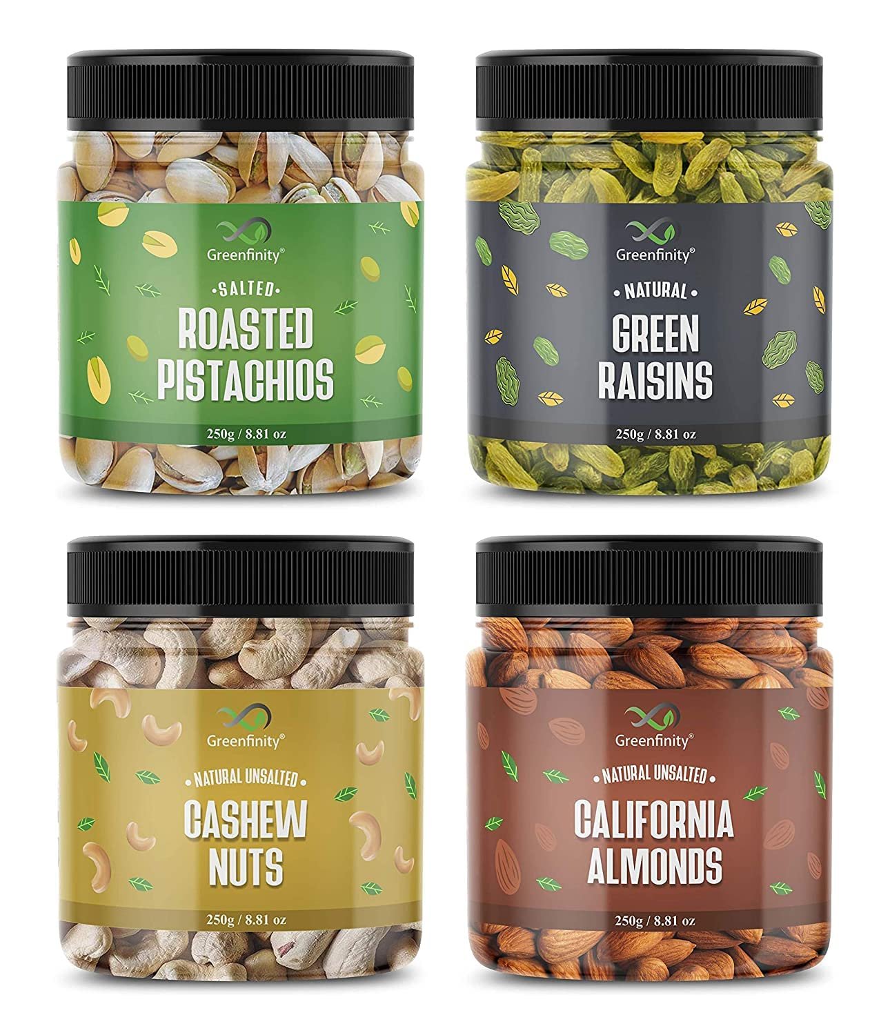 GreenFinity Dry Fruits Combo Pack- Green Raisins, Almonds, Roasted Pistachios, Cashews | Nutritious Healthy Snacks Ideal for Gifting, Festive Hampers, Family and Friends Treats (250g Each-Pack of 4)