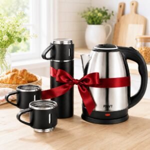 1.8L Stainless Steel Electric Kettle Automatic shut off,Fast Boiling Combo with 500ML Vaccum Flask & 3 Cups | Premium Hot Beverage Set for Home, Office & Gifting