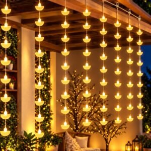 One94Store Diya Curtain Fairy Lights, 80 LED Warm White, 3m x 1m, 10 Hanging Strands, 8 Modes, AC Plug Decorative Lights for Home, Balcony, Pooja Room, Diwali & Festive Decor