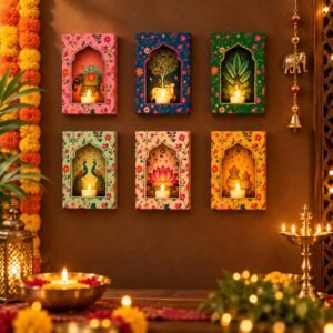 TIED RIBBONS Set of 6 Jharokha Wall Décor with 6 LED Tealight Candles- (Multicolor, 5.7 Inch x 4.5 Inch) | Traditional Wall Hanging for Living Room, Pooja Room - Diwali Decoration Items for Home Décor