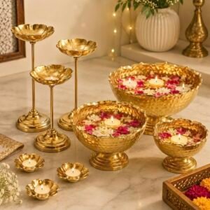 Taj Bowl Hammered Urli Candle Stand with Floating Diya, 9 Pieces Combo, Iron, Silver & Gold Diya Vase Set for Wedding, Party, Home Decoration (Taj Urli Set of 9)