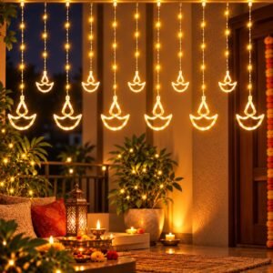 One94Store 12 Diya Curtain String LED Lights – 3 Meter Warm White Plug-in Decorative Fairy Lights with 108 LEDs, 8 Lighting Modes for Wall, Diwali & Festival Decoration (Plastic)