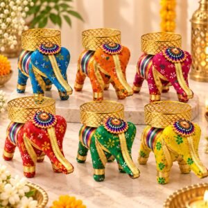 Keyora Handcrafted Elephant Tealight Candle Holder Home Decoration Item, Reusable Tea-Lights for Diwali Decoration, Pooja, Home Decor, Wedding & Festive Gifting (Multicolor) - Pack of 6