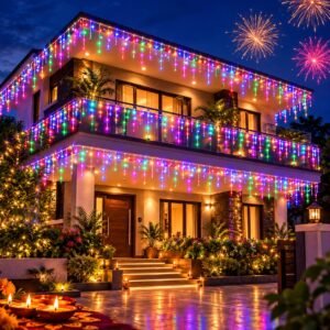Litehom Icicle Diwali Lights Outdoor, 10ft 96 LED with 16 Drops Icicle Lights, Plug in Lights with 8 Modes Waterproof for Decoartion Light for Diwali, Christmas, Birthday, Ganesh Puja (Multicolor)