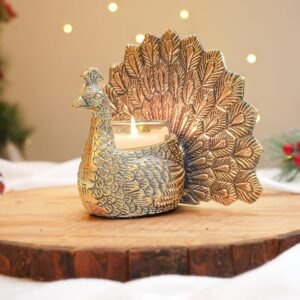 BEHOMA Metal Dancing Peacock with Scented Glass Votive Candle, Golden